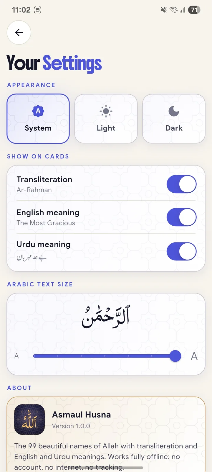 Settings: theme, card contents and Arabic text size